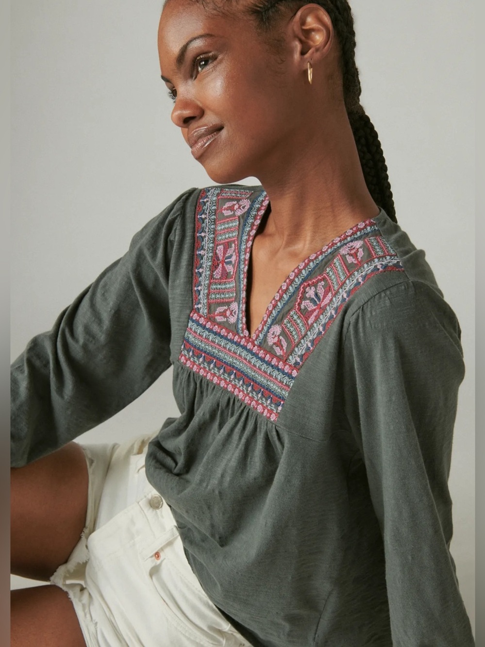 Lucky Brand Dark Sage gray Embroidered V-Neck Peasant Top